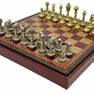 Staunton Mix V Set: Red Chess Board with Storage and Metal Chess Set