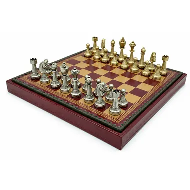 Staunton Mix V set, overall view on red chess board with storage box