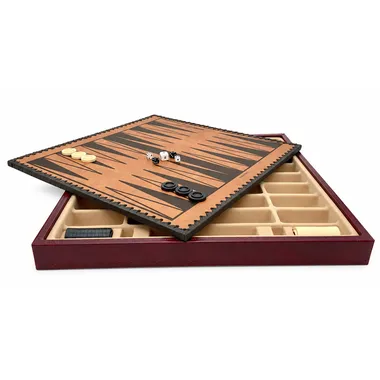 Reversed board showing burgundy and black backgammon side with dice and pieces