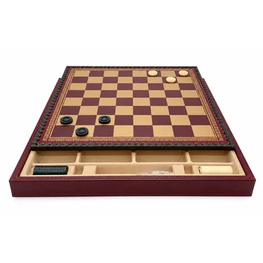 Chess board in burgundy faux leather with storage box and draughts pieces