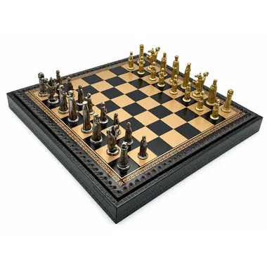 Medieval V set: faux leather chess board with solid metal chess pieces