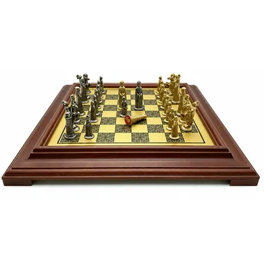 Medieval VI chess board viewed from the front with gold and silver metal pieces