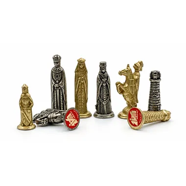 Detail of the gold and silver medieval pieces with engraved red crests
