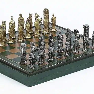 Romans vs Barbarians Set: Faux Leather Chess Board & Metal Chess Set