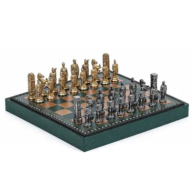 Complete Romans vs Barbarians chess set on green faux leather board