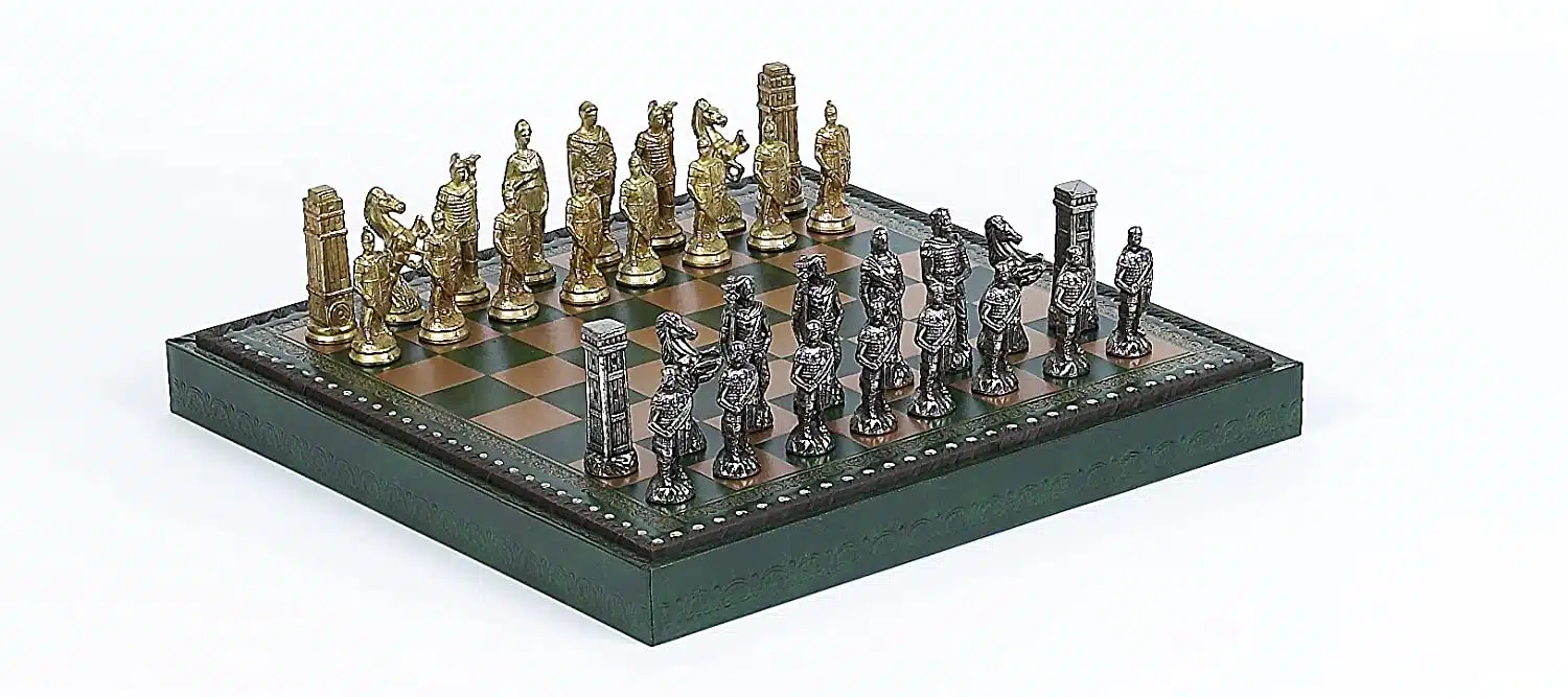 Romans vs Barbarians Set: Faux Leather Chess Board & Metal Chess Set