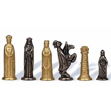 Medieval chess pieces in gold and bronzed metal, king, queen, knight style