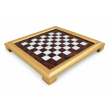 Chess board in elm and burr wood with gilded border, overall view