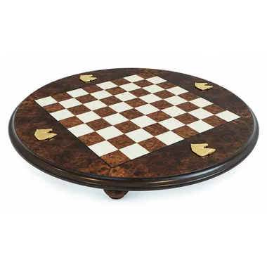 Round burr wood chess board on a stand, overall view with gilded corners