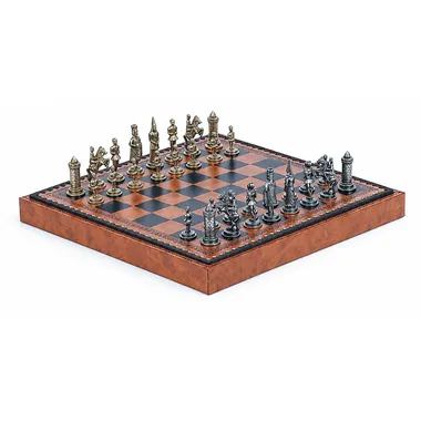 Complete Camelot King Arthur chess set on wooden box, diagonal view