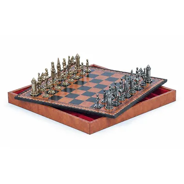 Camelot chess board open, showing red leather storage box