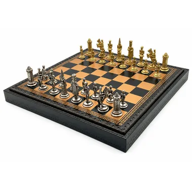 Camelot King Arthur XIV set with metal pieces on a two-tone chess board
