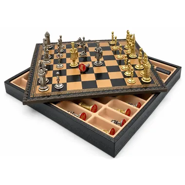 Camelot chess board open revealing the storage box filled with pieces