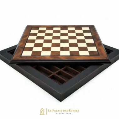 Walnut and maple chessboard open showing the built-in storage box