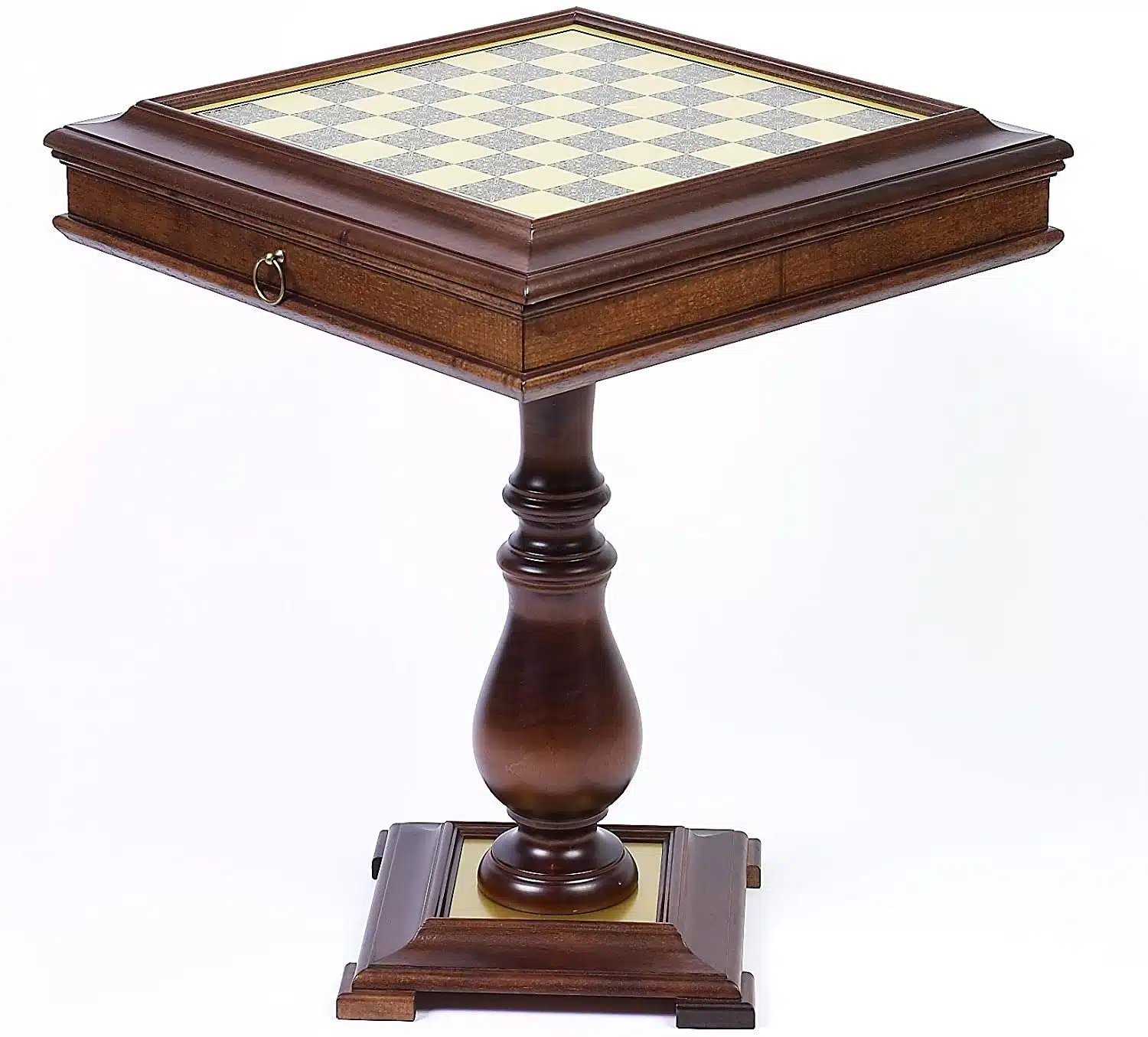 Chess & Backgammon Table with Wooden Chess Board & Brass Top with Built-in Storage Compartment