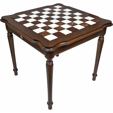 Luxe III solid wood table with alabaster and Carrara marble chessboard top