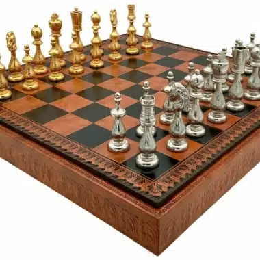 Arabic Style IV Set – Faux Leather Chess Board with Storage and Gold and Silver-Plated Metal Chess Pieces
