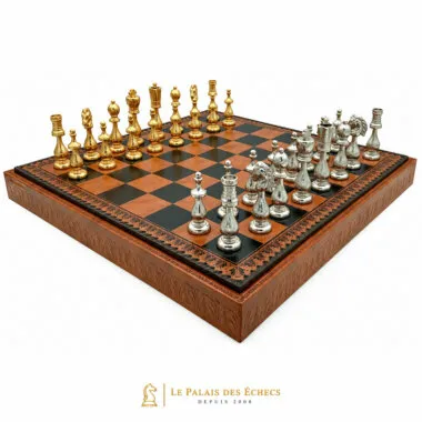 Arabic Style IV chess set viewed from the front with faux leather board and box