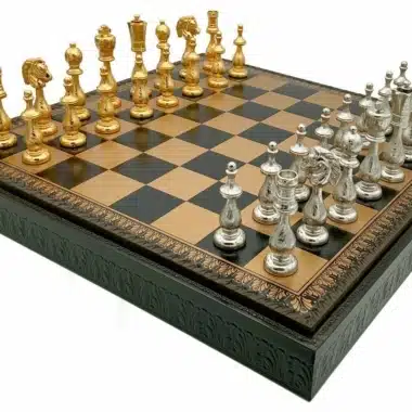Arabic Style V Set – Black Faux Leather Chess Board with Storage and Gold and Silver-Plated Metal Chess Set