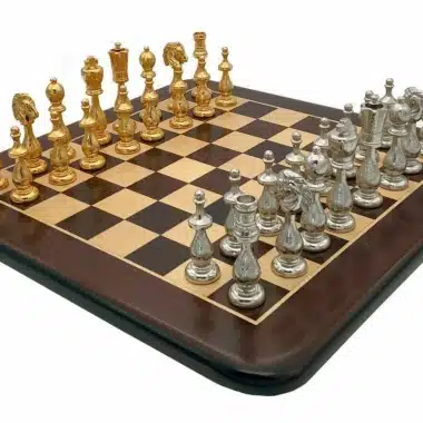 Arabic Style VI Set - Rosewood and Maple Chess Board with Gold and Silver Plated Metal Chess Set
