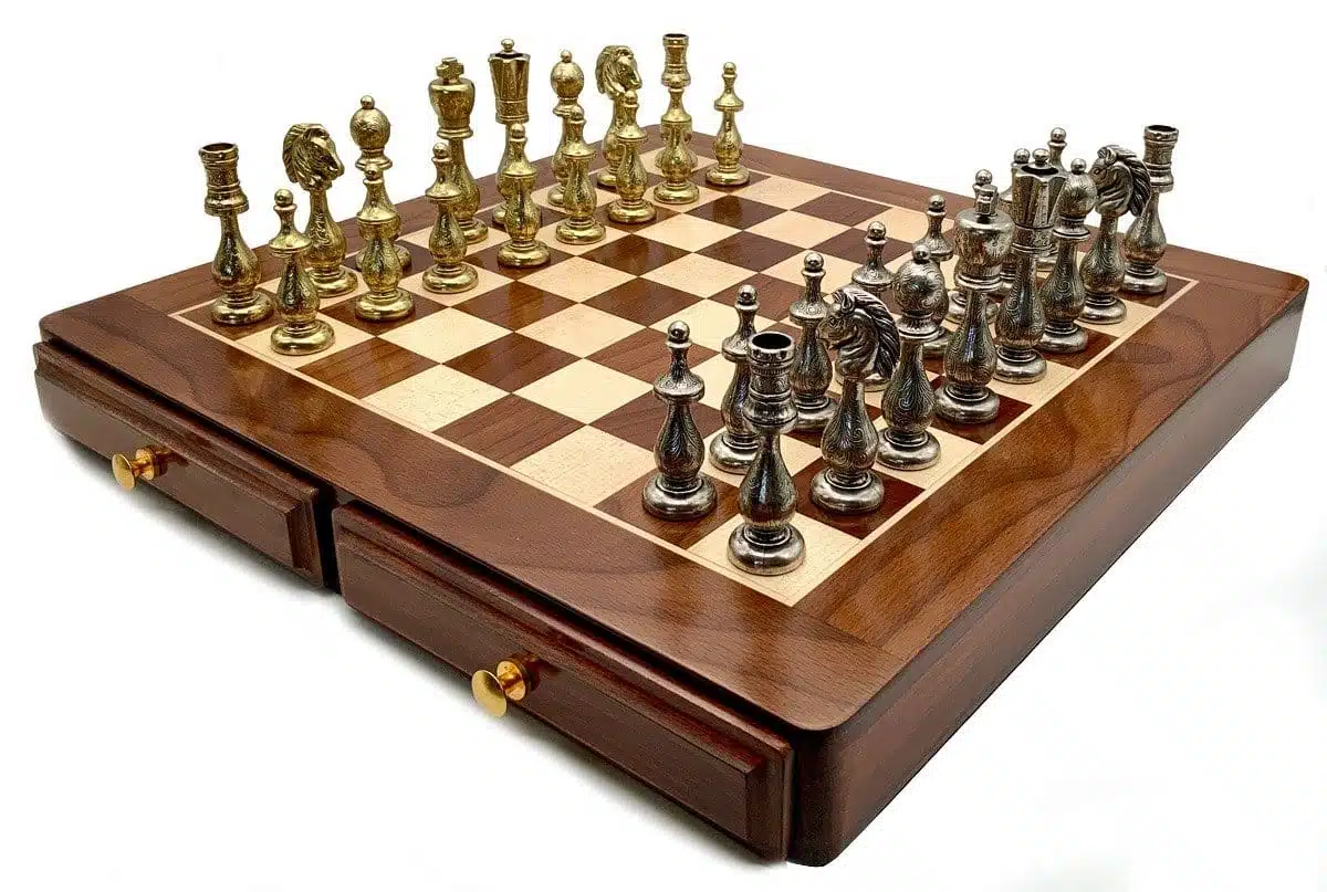 Oriental III Set – Maple and Golden Rosewood Chess Board & Metal Chess Set - Image 2
