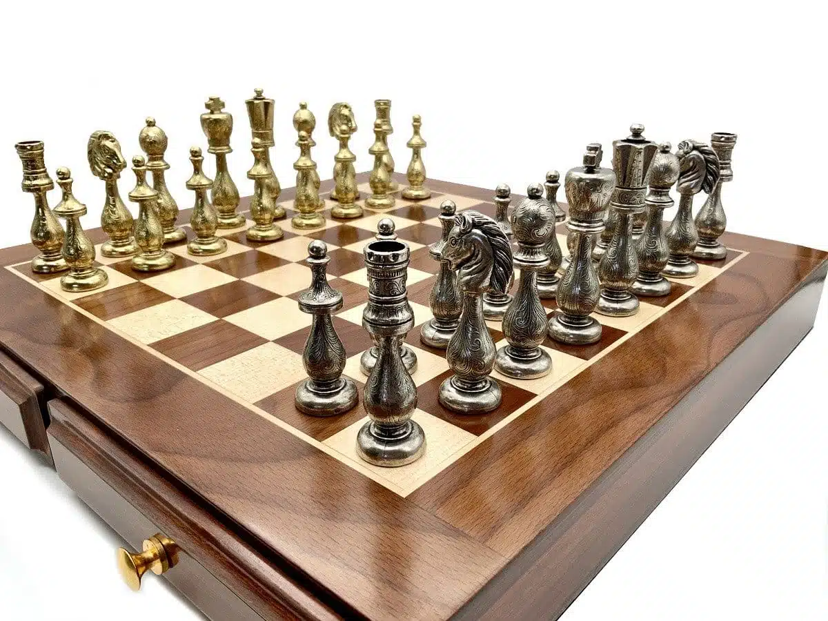 Oriental III Set – Maple and Golden Rosewood Chess Board & Metal Chess Set - Image 4