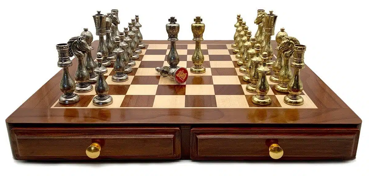 Oriental III Set – Maple and Golden Rosewood Chess Board & Metal Chess Set - Image 3