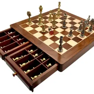 Oriental III Set – Maple and Golden Rosewood Chess Board & Metal Chess Set