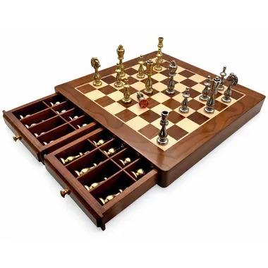 Maple and rosewood chess board with open drawers filled with metal pieces