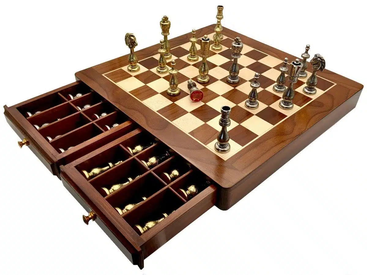 Oriental III Set – Maple and Golden Rosewood Chess Board & Metal Chess Set
