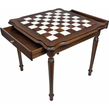 Luxe III table, open drawer showing integrated storage beneath the chessboard