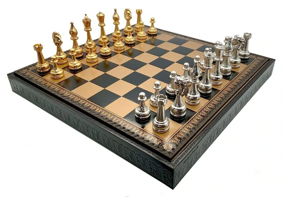 Flowered II Set: Black Faux Leather Chess Board and Gold and Silver-Plated Metal Chess Pieces - Image 2