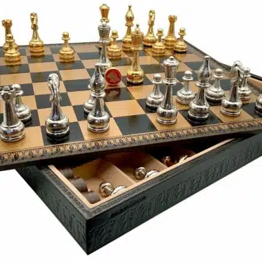 Flowered II Set: Black Faux Leather Chess Board and Gold and Silver-Plated Metal Chess Pieces