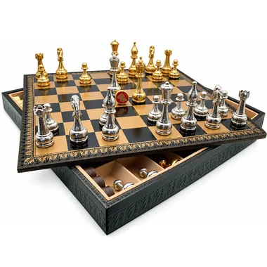 Flowered II chess board with gold and silver pieces and open storage box