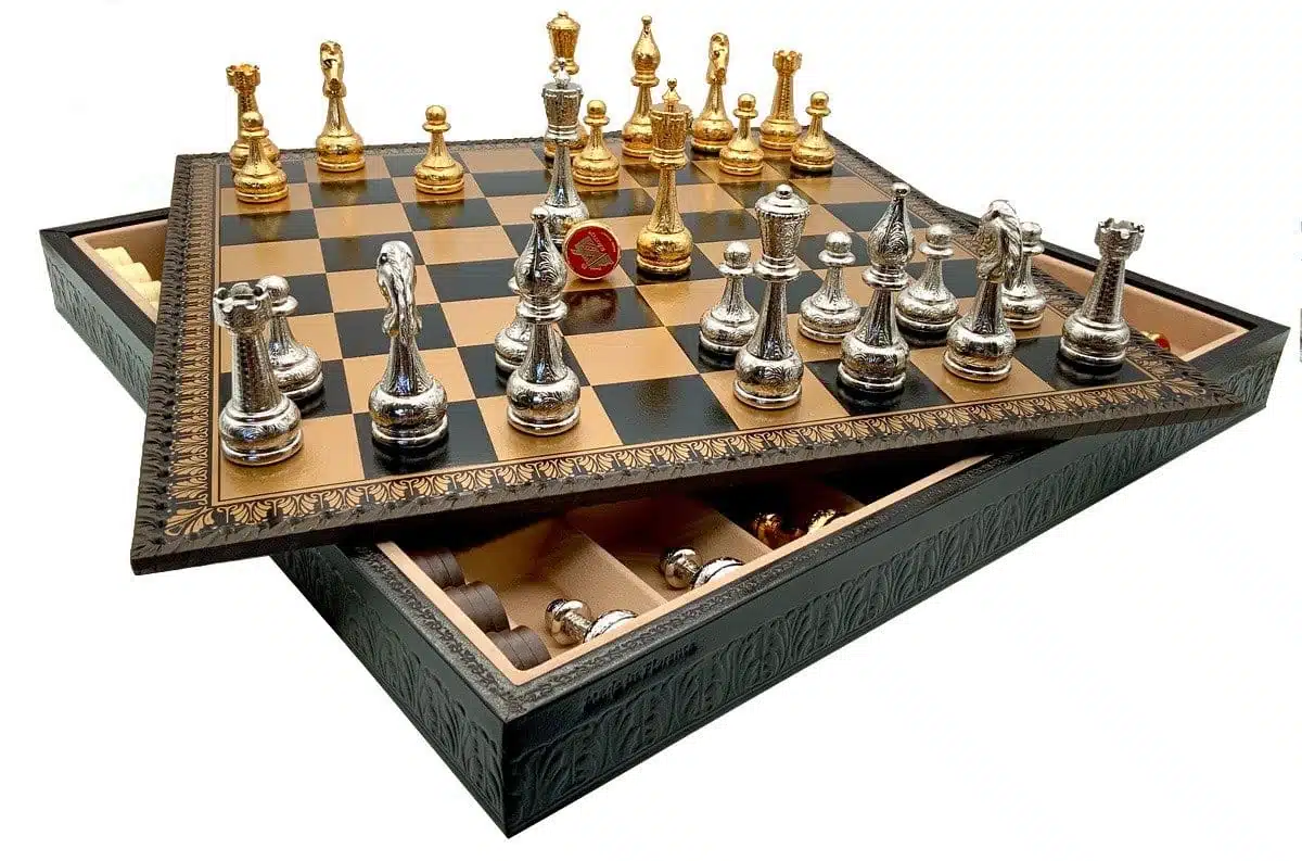 Flowered II Set: Black Faux Leather Chess Board and Gold and Silver-Plated Metal Chess Pieces