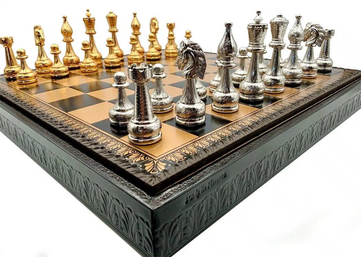 Flowered II Set: Black Faux Leather Chess Board and Gold and Silver-Plated Metal Chess Pieces - Image 3