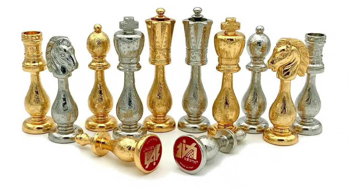 Flowered II Set: Black Faux Leather Chess Board and Gold and Silver-Plated Metal Chess Pieces - Image 4
