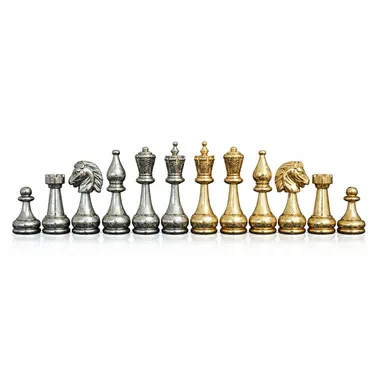 Flowered II chess pieces gold and silver plated, full aligned view