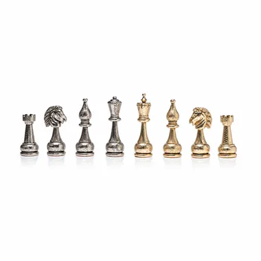 Flowered chess set, complete row of gold and silver pieces lined up