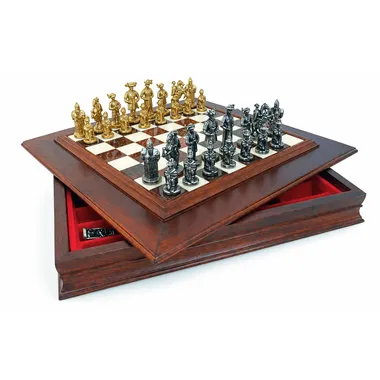"Landsknecht" Set Chess Board in Solid Wood with Storage Compartment, Top in Tuscan Alabaster & Chess Set in Solid Metal