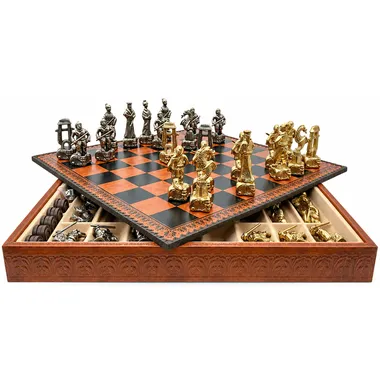 Complete Samourai III chess set viewed from above on inlaid board