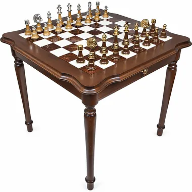 Chess table in wood and Carrara marble with gold and silver pieces