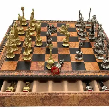 Napoleon Set Old World Faux Leather Chess Board with Storage & Solid Metal Chess Set