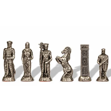 Silver-toned Romans vs Barbarians chess pieces, detail of queen, king and knight
