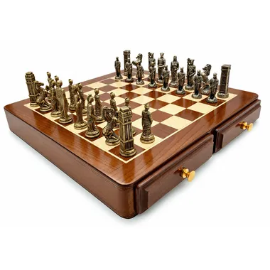 Wooden chess board with Roman and Barbarian metal pieces, drawers closed