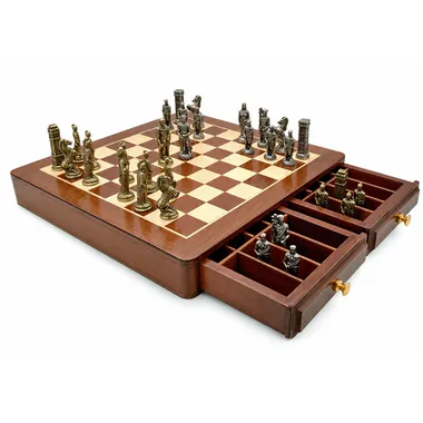 Wooden chess board with open drawer revealing stored metal pieces