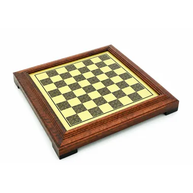 Chess board on solid wood stand, angled view with varnished frame