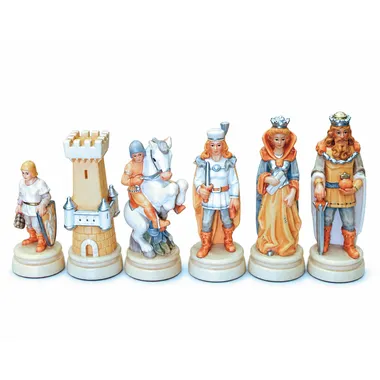 Bergame chess pieces orange side on a light and dark wood chessboard