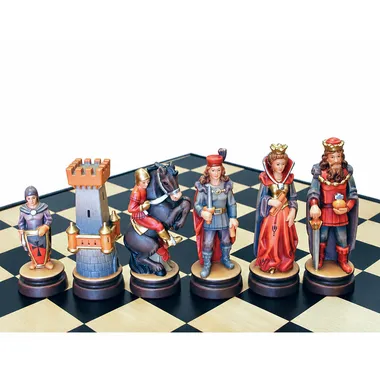 "Bergamo Shield Front Oil-Painted" Chess Set in Traditionally Carved Solid Alpine Wood