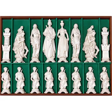 Close-up of carved Renaissance wooden figures, kings and pawns